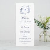 Elegant Bloemen Rozen Crest Monogram Blauw Bruilof Programmakaart (Staand voorkant)