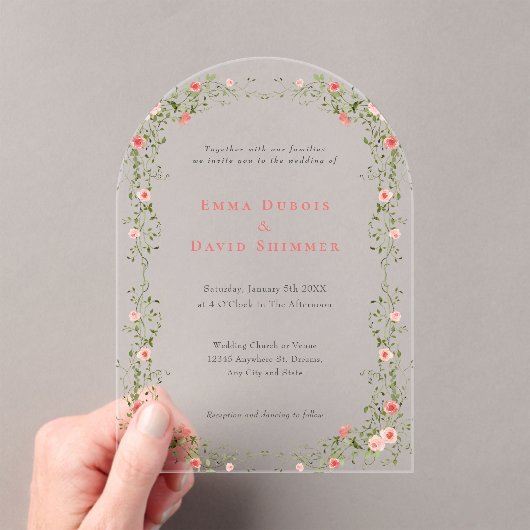 Elegant Bloemen Rozen eenvoudige Script Trouwen Acryl Uitnodigingen (Insitu (Draagbaar))