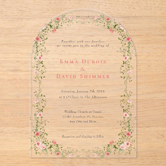 Elegant Bloemen Rozen eenvoudige Script Trouwen Acryl Uitnodigingen (Voorkant)