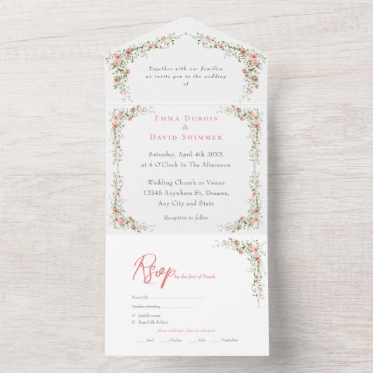 Elegant Bloemen Rozen eenvoudige Script Trouwen All In One Uitnodiging (Binnen)