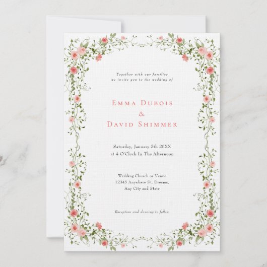 Elegant Bloemen Rozen eenvoudige Script Trouwen Kaart (Voorkant)