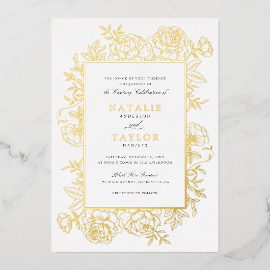 Elegant Bloemen Rozen Lijst Gouden Folie Bruiloft Folie Uitnodiging (Voorkant)