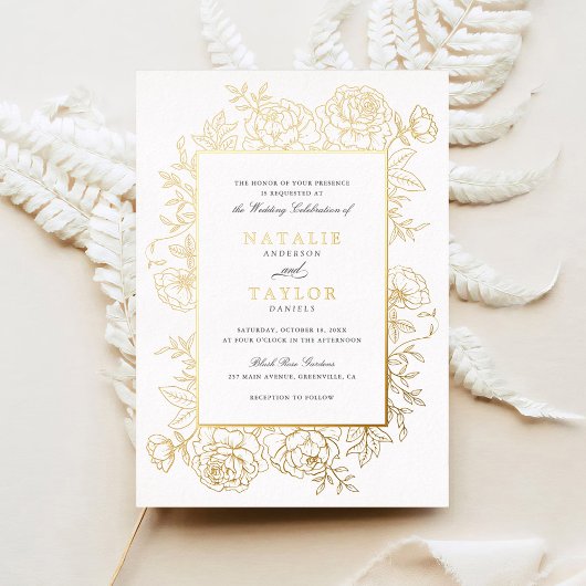 Elegant Bloemen Rozen Lijst Gouden Folie Bruiloft Folie Uitnodiging