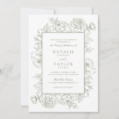 Elegant Bloemen Rozen Lijst Sage Groen Bruiloft Kaart (Voorkant)