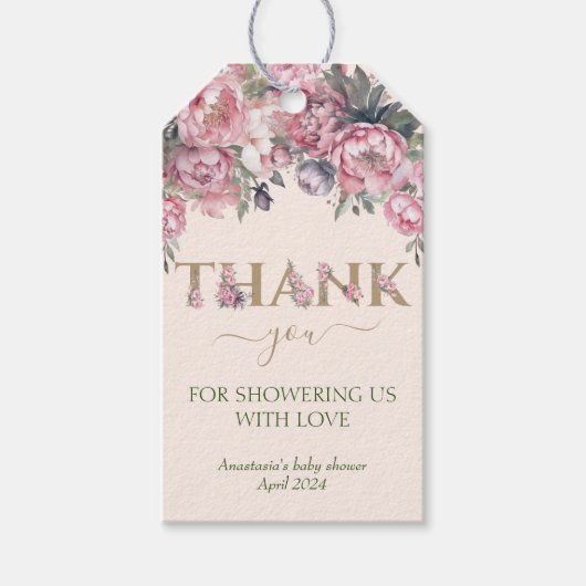 Elegant Bloemen Rozen Roze Baby shower Dank u Cadeaulabel (Voorkant)
