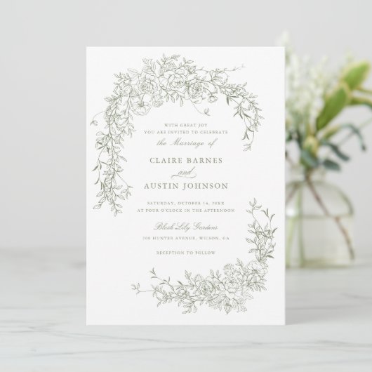 Elegant Bloemen Rozen Sage Groen Bruiloft Monogram Kaart (Staand voorkant)