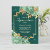 Elegant Bloemen Rozen Sage Groen Goud Quinceanera Kaart (Staand voorkant)