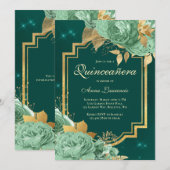 Elegant Bloemen Rozen Sage Groen Goud Quinceanera Kaart (Voorkant / Achterkant)