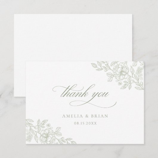 Elegant  Bloemen Salie Groen Script Bruiloft Bedankkaart (Voorkant / Achterkant)