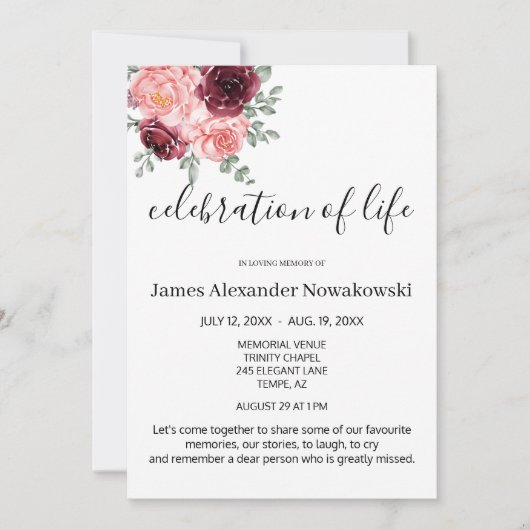 Elegant Bloemen Smaakvol Leven Viering Begrafenis Kaart (Voorkant)