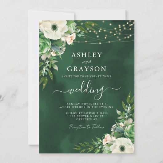 Elegant Bloemen Smaragd Groen en Cream Bruiloft Kaart (Voorkant)