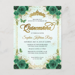 Elegant Bloemen Smaragd Groen Glam Goud Quinceañer Briefkaart