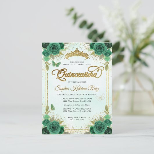 Elegant Bloemen Smaragd Groen Glam Goud Quinceañer Briefkaart (Staand voorkant)