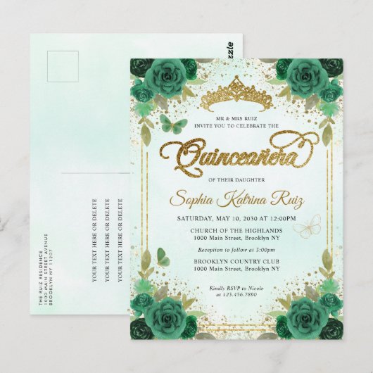 Elegant Bloemen Smaragd Groen Glam Goud Quinceañer Briefkaart (Voorkant / Achterkant)
