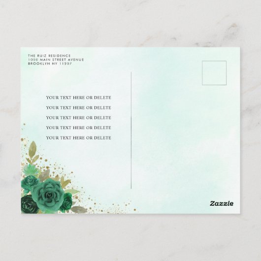 Elegant Bloemen Smaragd Groen Glam Goud Quinceañer Briefkaart (Achterkant)