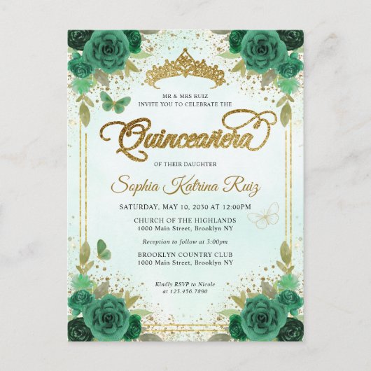 Elegant Bloemen Smaragd Groen Glam Goud Quinceañer Briefkaart (Voorkant)