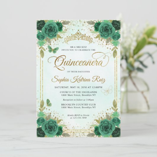 Elegant Bloemen Smaragd Groen Glam Goud Quinceañer Kaart (Staand voorkant)