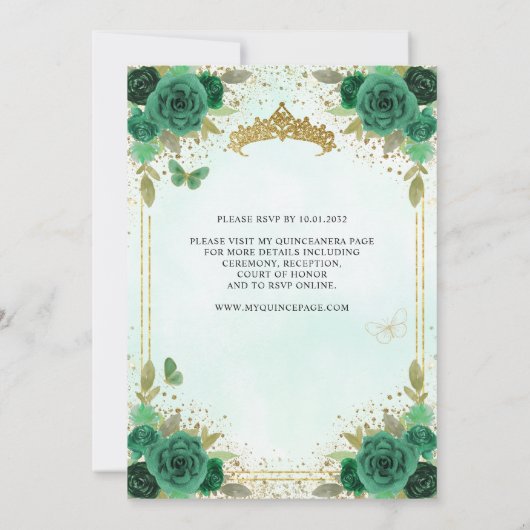 Elegant Bloemen Smaragd Groen Glam Goud Quinceañer Kaart (Achterkant)