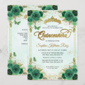 Elegant Bloemen Smaragd Groen Glam Goud Quinceañer Kaart (Voorkant / Achterkant)