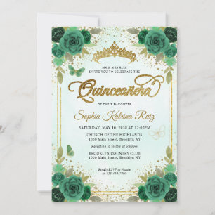 Elegant Bloemen Smaragd Groen Glam Goud Quinceañer Kaart