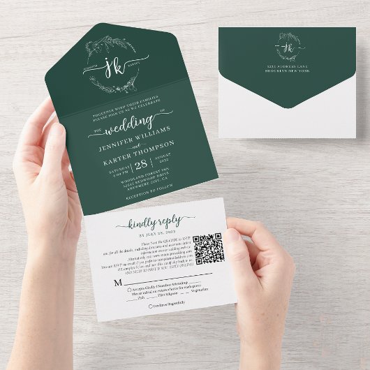 Elegant Bloemen Smaragd Monogram QR Code Bruiloft All In One Uitnodiging