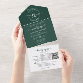 Elegant Bloemen Smaragd Monogram QR Code Bruiloft All In One Uitnodiging (Afscheurbaar)