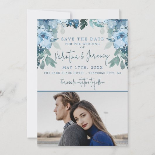 Elegant Bloemen Stoffig Blauw Blauwgroen Bruiloft Save The Date (Voorkant)