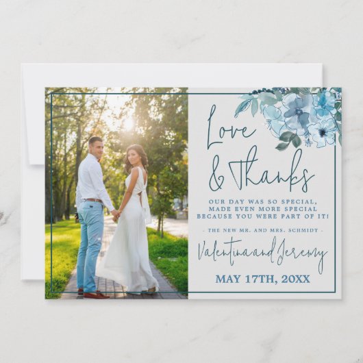 Elegant Bloemen Stoffig Blauw Blauwgroen Dank u Bedankkaart (Voorkant)