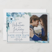 Elegant Bloemen Stoffig Blauw Blauwgroen Waterverf Save The Date (Voorkant)