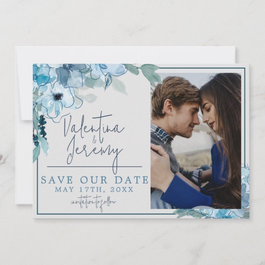 Elegant Bloemen Stoffig Blauw Blauwgroen Waterverf Save The Date (Voorkant)