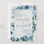 Elegant Bloemen Stoffig Blauw Bloemen Bruiloft Kaart (Voorkant)