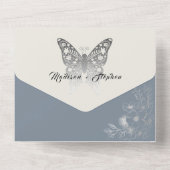 Elegant  Bloemen Stoffig Blauw Bruiloft All In One Uitnodiging (Achterkant)