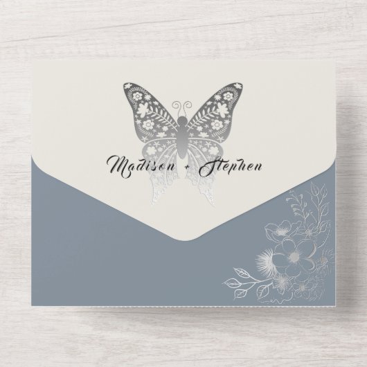 Elegant  Bloemen Stoffig Blauw Bruiloft All In One Uitnodiging (Achterkant)