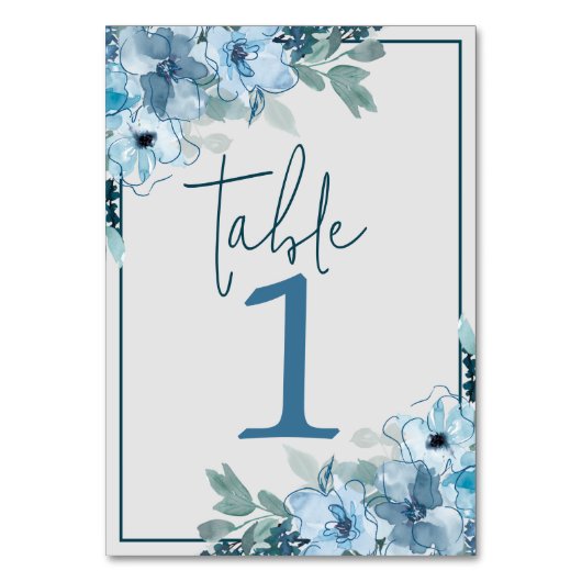 Elegant Bloemen Stoffig Blauw Bruiloft Tafel Numme Kaart (Voorkant)