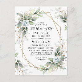 Elegant Bloemen Stoffig Blauw Bruiloft Uitnodiging