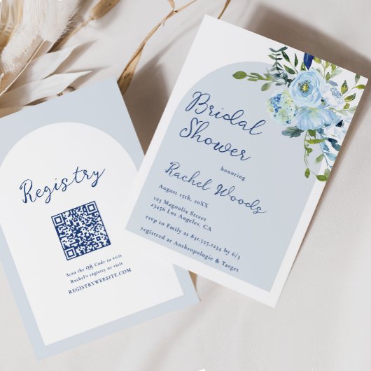 Elegant Bloemen Stoffig Blauw QR Code Vrijgezellen Kaart