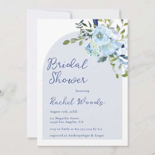 Elegant Bloemen Stoffig Blauw QR Code Vrijgezellen Kaart (Voorkant)