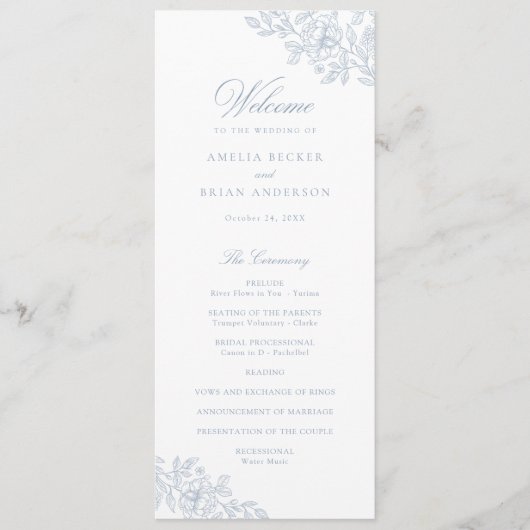 Elegant Bloemen Stoffig Blauw Trouwprogramma Programmakaart (Voorkant)