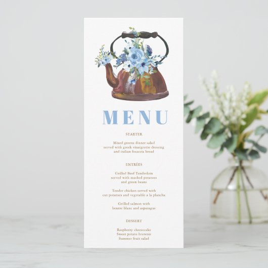 Elegant Bloemen Stoffig Blauw Vrijgezellenfeest Te Menu (Staand voorkant)