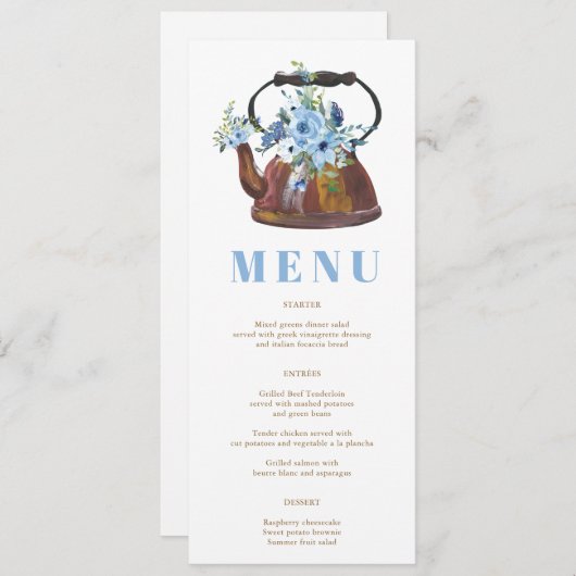 Elegant Bloemen Stoffig Blauw Vrijgezellenfeest Te Menu (Voorkant / Achterkant)