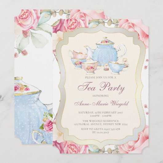 Elegant Bloemen Tea Party Kaart (Voorkant / Achterkant)