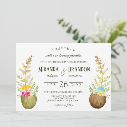 Elegant Bloemen Tropisch Strand Hawaii Bruiloft Kaart (Staand voorkant)