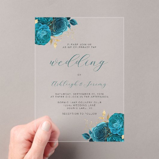 Elegant Bloemen Turquoise Goud Script Bruiloft Acryl Uitnodigingen (Insitu (Draagbaar))