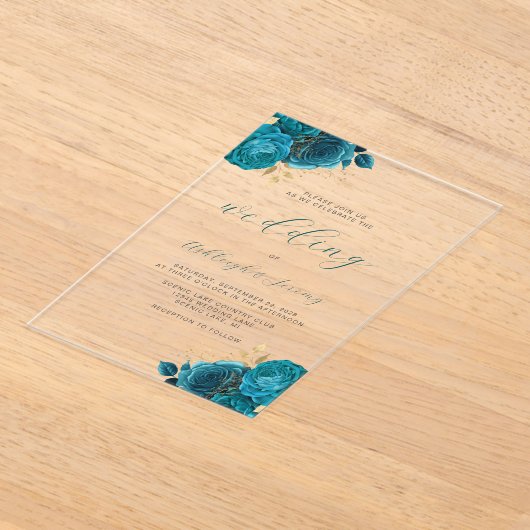 Elegant Bloemen Turquoise Goud Script Bruiloft Acryl Uitnodigingen (Laagn)