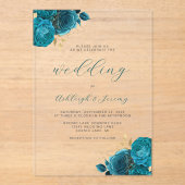Elegant Bloemen Turquoise Goud Script Bruiloft Acryl Uitnodigingen (Voorkant)