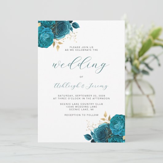 Elegant Bloemen Turquoise Goud Script Bruiloft Kaart (Staand voorkant)