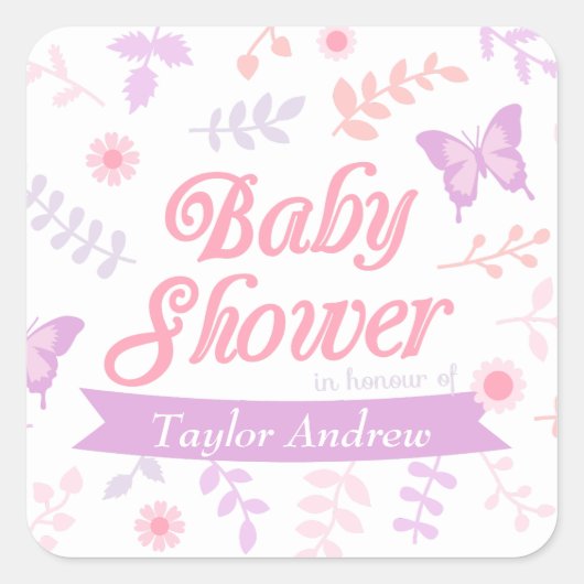 Elegant Bloemen Vlinder Baby shower Party Vierkante Sticker (Voorkant)