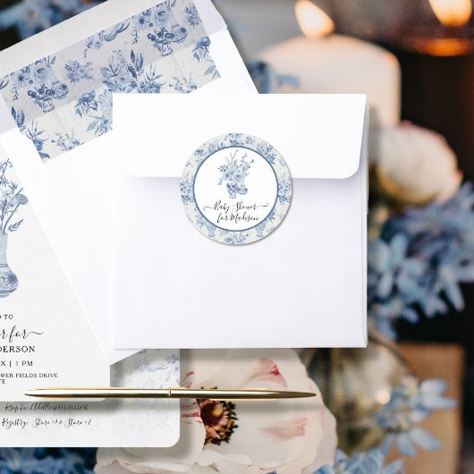 Elegant Bloemen Waterverf Blauw n Wit Baby shower Ronde Sticker