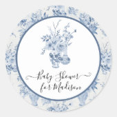Elegant Bloemen Waterverf Blauw n Wit Baby shower Ronde Sticker (Voorkant)