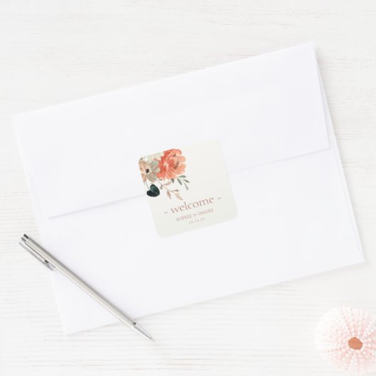 Elegant Bloemen Waterverf Paar Bruiloft Welkom Vierkante Sticker (Envelop)